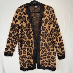 Lord & Taylor Womens Eyelash Knit Leopard Print Cardigan 1X Open Front Fuzzy